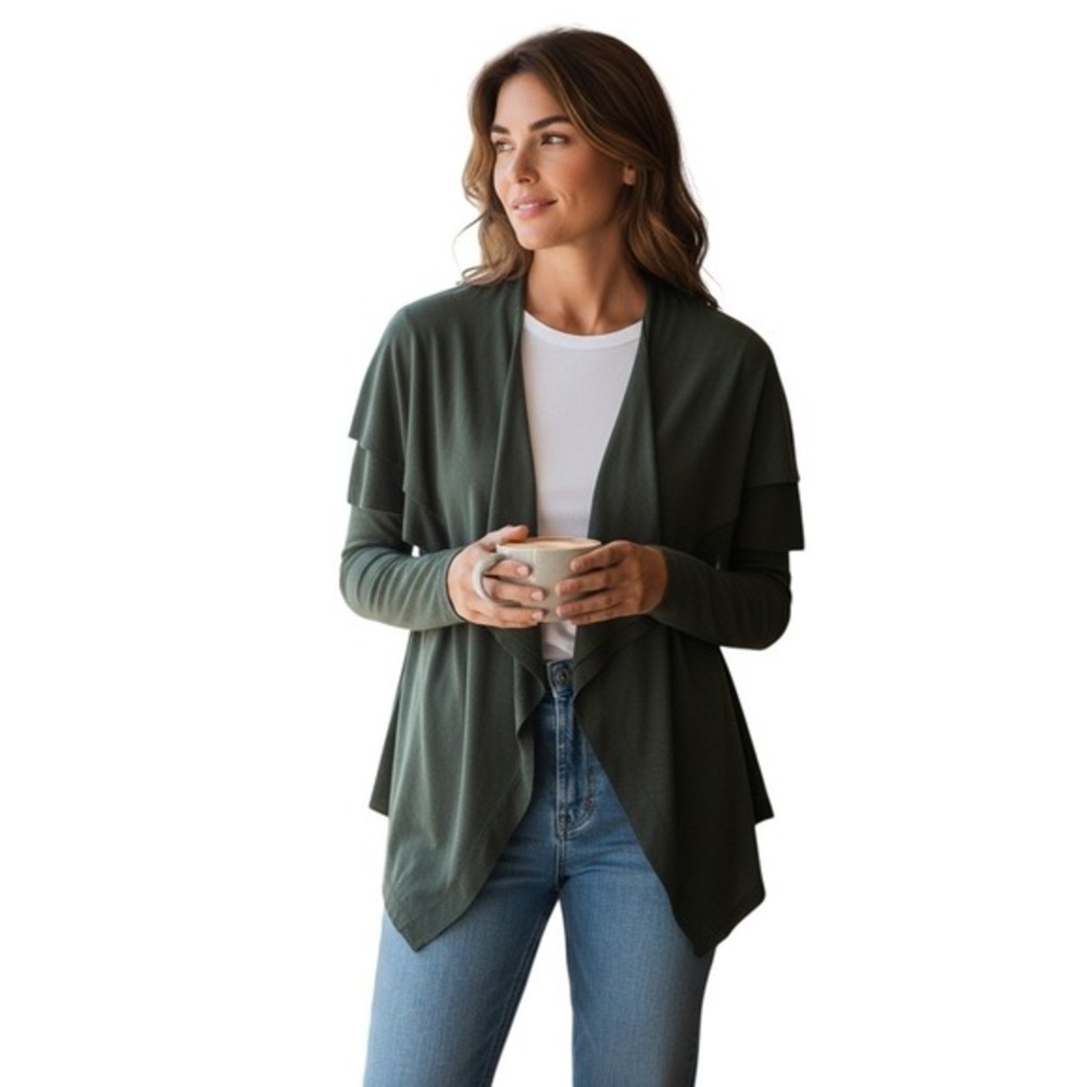 BARNEYS NEW YORK Draped Waterfall Cardigan Olive Green Ribbed Knit Fits S